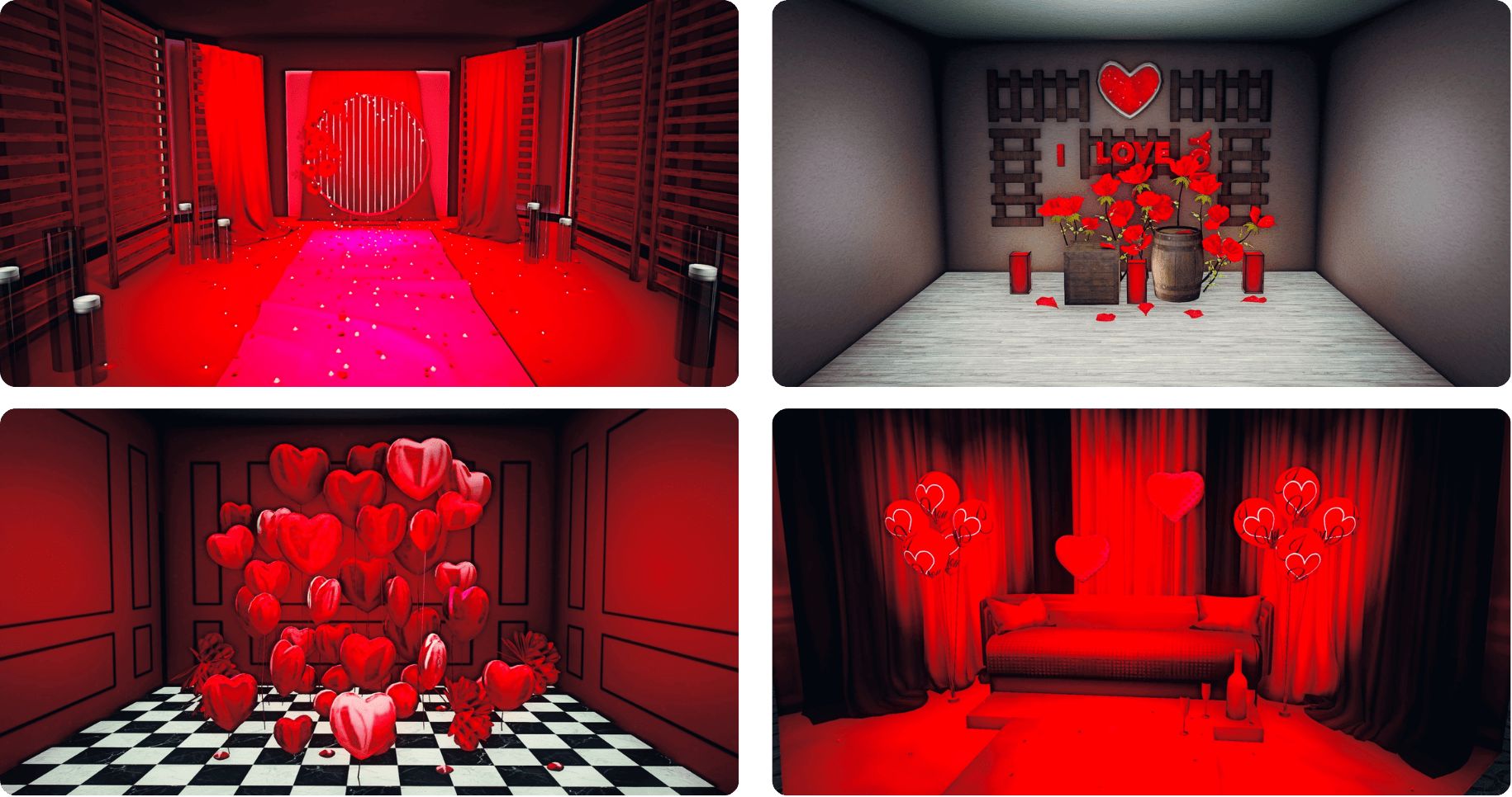 Candled Runway | i love you | Heart Balloons | Red Curtains